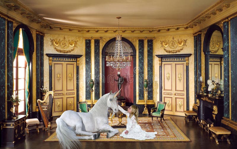 A young girl uses her imagination to play in a fancy castle or mansion with a unicorn. The fantasy horse has a horn. Children love to pretend and play make believe and have fun. A young girl uses her imagination to play in a fancy castle or mansion with a unicorn. The fantasy horse has a horn. Children love to pretend and play make believe and have fun.