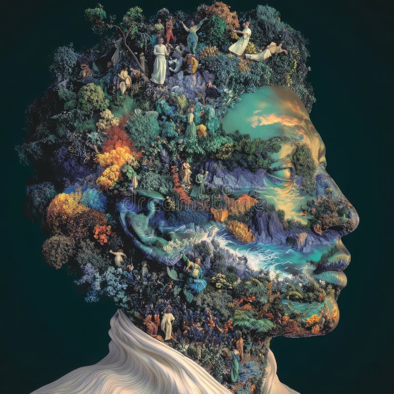 Surreal Male Profile Made of Nature and Classical Landscape royalty free illustration