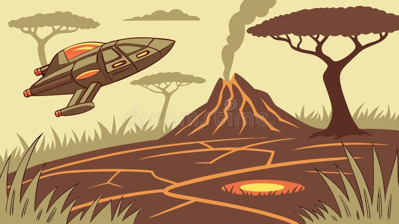 Futuristic Vehicle Over Volcanic Landscape, SciFi Exploration Vector, vector design Generative AI stock illustration