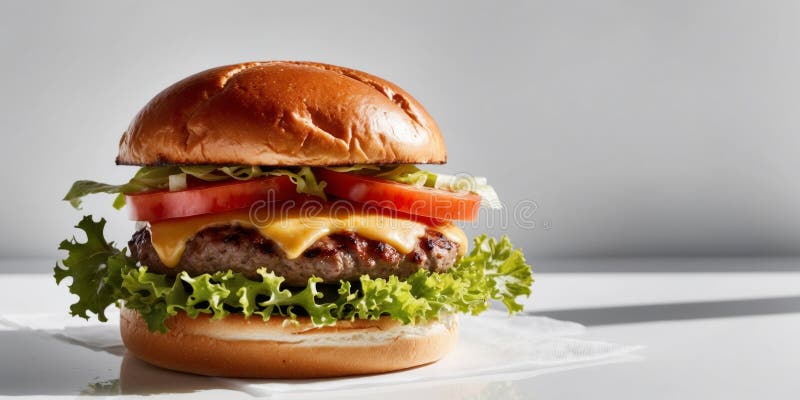 Imagine captivantă a unui burger cu apă gură cu ingrediente proaspete și chiflă perfect prăjită. vector illustration