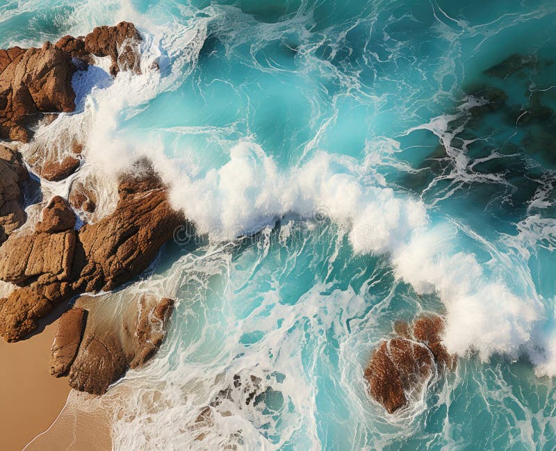 Top view Aerial photography of blue sea waves sand beach rocks