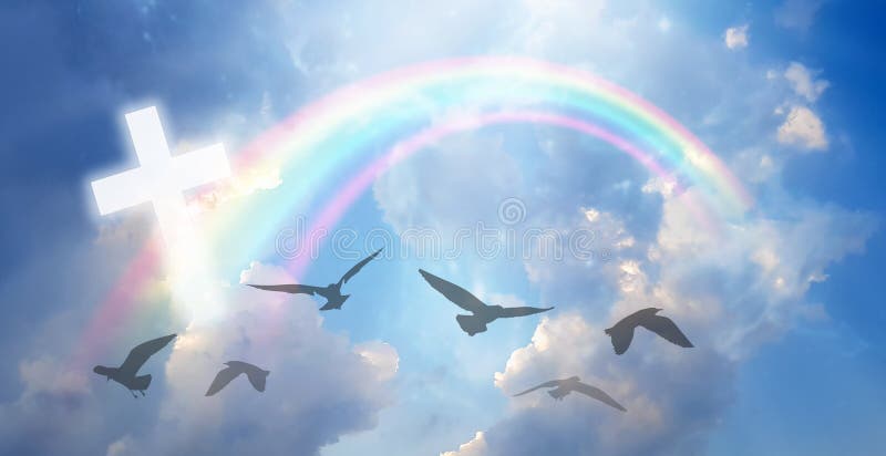 Imagine Christian Cross that illuminates the beautiful rainbow sky on a fluffy white cloud. And the light that shines down among t