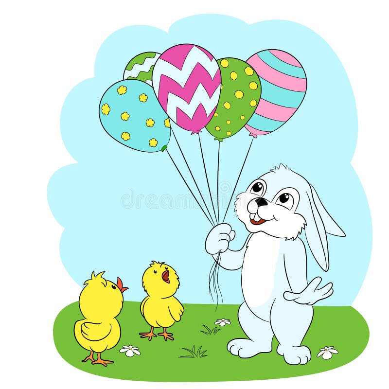 Imagine de Paște strălucită cu baloane de iepure și pui drăguți curioși. vector illustration