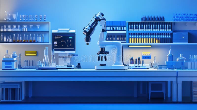 Imagine detaliată a unei stații de lucru automate de laborator cu diferite componente robotizate și algoritmi ai care orchestrează royalty free stock image