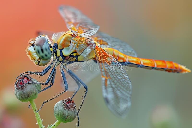 Imagine digitală a închiderii unei muște-dragonfly gravată pe vârful fotografiei macrografice aripioare, făcută cu sondă sau fotog royalty free illustration
