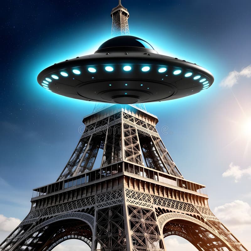 Imagine a fantasy scene where a UFO flies over the Eiffel Tower stock image