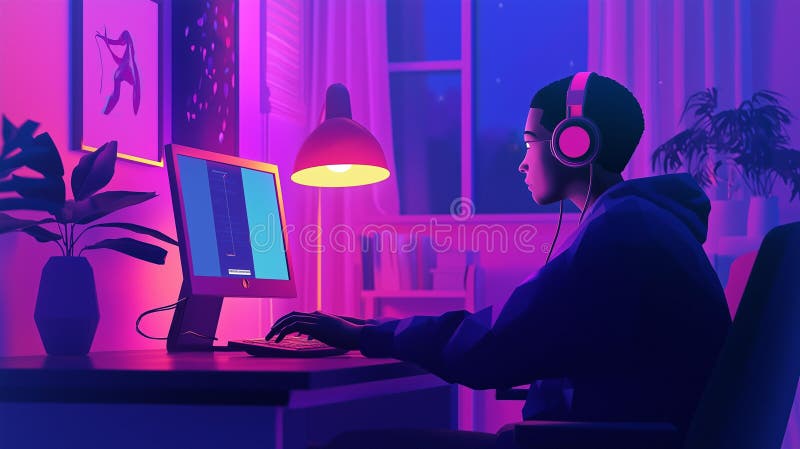 Imagine fotorealistă a unei persoane care preia cursuri de limbă online la domiciliu, profund angajată cu căști și laptop stock illustration