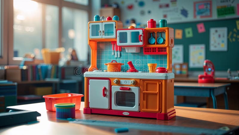 Imagine fotorealistă a unui playset de bucătărie din plastic lângă alte jucării royalty free illustration