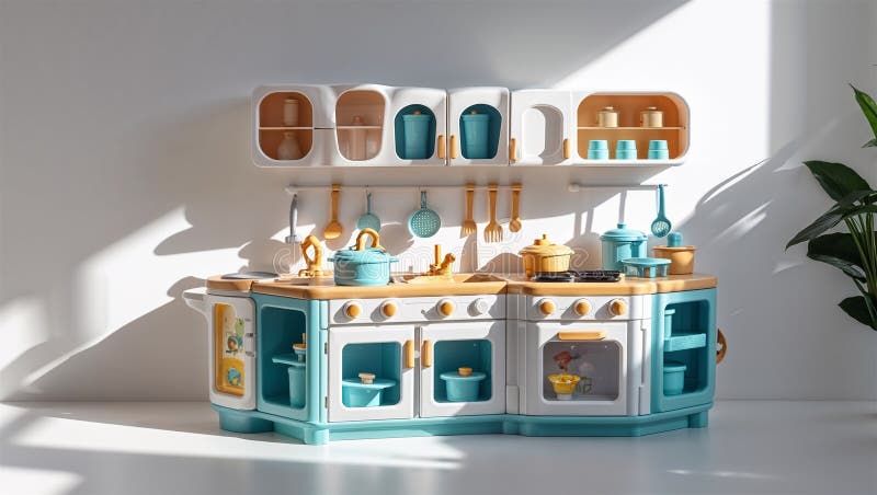 Imagine fotorealistă a unui playset de bucătărie din plastic lângă alte jucării royalty free illustration