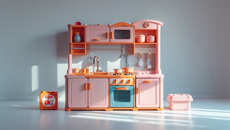 Imagine fotorealistă a unui playset de bucătărie din plastic lângă alte jucării vector illustration