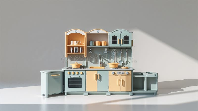 Imagine fotorealistă a unui playset de bucătărie din plastic lângă alte jucării vector illustration