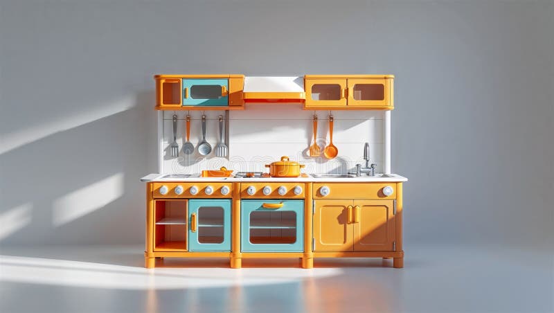 Imagine fotorealistă a unui playset de bucătărie din plastic lângă alte jucării stock illustration