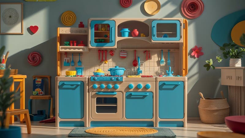 Imagine fotorealistă a unui playset de bucătărie din plastic lângă alte jucării stock illustration
