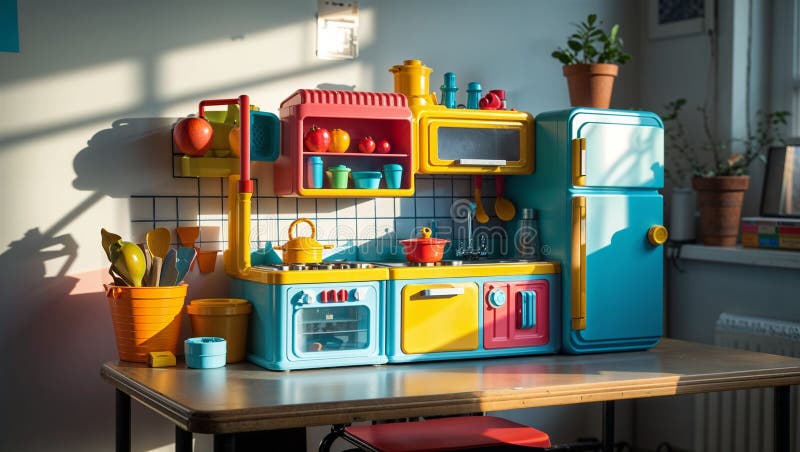 Imagine fotorealistă a unui playset de bucătărie din plastic lângă alte jucării royalty free illustration