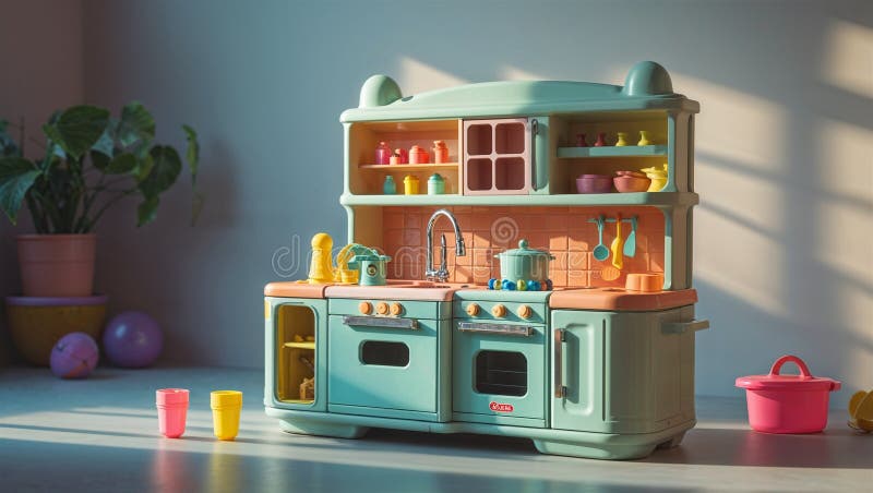 Imagine fotorealistă a unui playset de bucătărie din plastic lângă alte jucării stock illustration