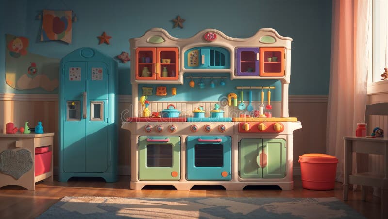 Imagine fotorealistă a unui playset de bucătărie din plastic lângă alte jucării royalty free illustration