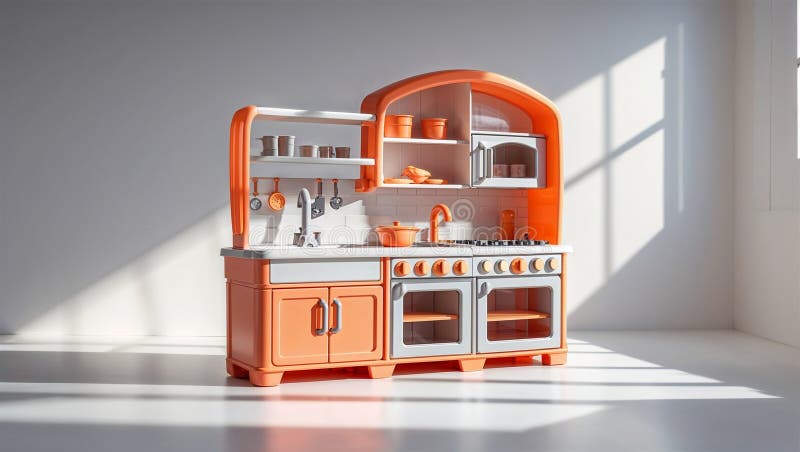 Imagine fotorealistă a unui playset de bucătărie din plastic lângă alte jucării royalty free illustration