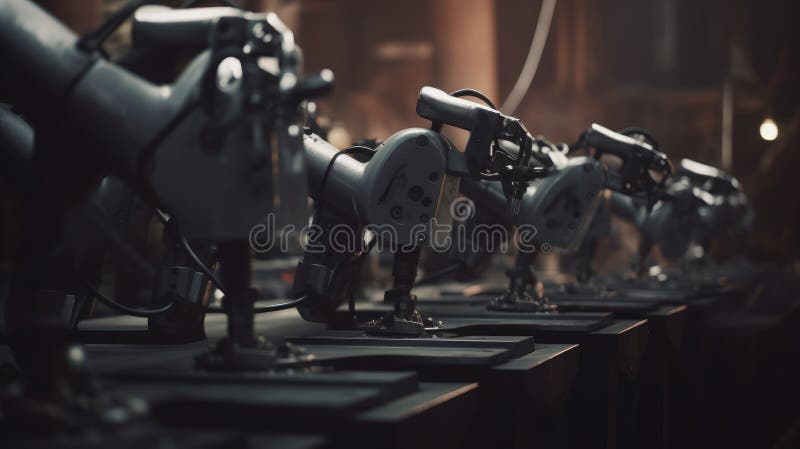 Imagine generată de AI. arme robotizate care funcționează în cadrul liniei de producție industrială stock illustration