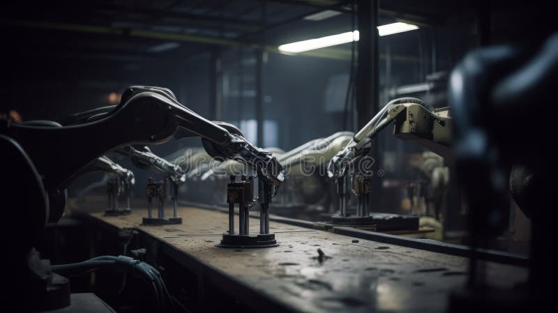 Imagine generată de AI. arme robotizate care funcționează în cadrul liniei de producție industrială royalty free illustration