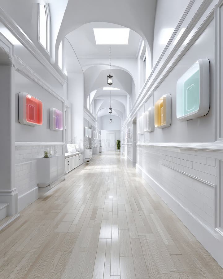 Exploring the Future of Automation in Long Hallways with Bright White Tiled Floors and Smart Technology Interconnectivity vector illustration