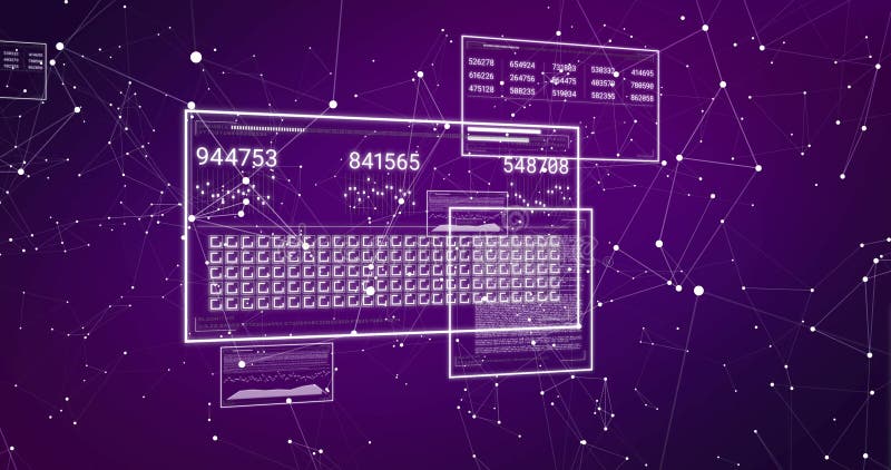 Imagine a modificărilor numerelor și a procesării datelor pe ecrane computerizate pe fond violet vector illustration
