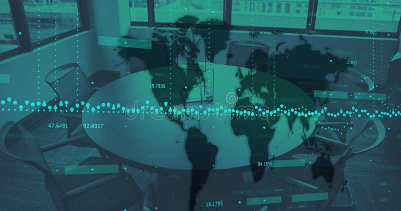 Imagine a prelucrării datelor financiare cu harta mondială peste camera de întâlnire goală stock illustration
