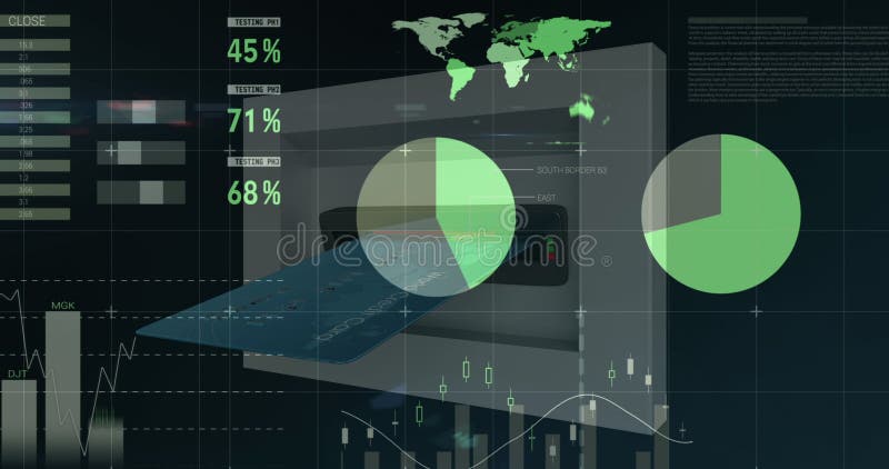 Imagine a procesării datelor financiare prin inserarea cardului de credit în slotul ATM stock illustration