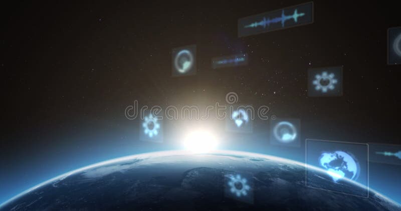 Imagine a scopurilor de scanare a datelor globului pe ecrane de pe întregul glob cu orizont strălucitor vector illustration