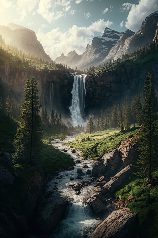 Imagine verticală a unei cascade care coboară de pe stânca stâncoasă sub cerul întunecat. ai generativ royalty free illustration