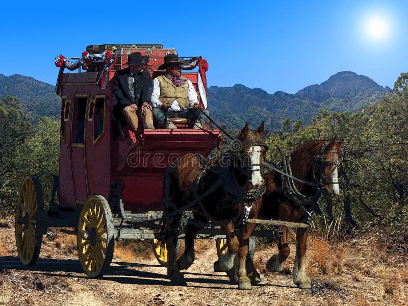 Fantasy illustration of a stagecoach traveling on a dusty trail under a hot desert sun.