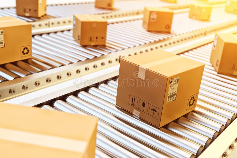 Cardboard boxes on conveyor belt in warehouse. Cardboard boxes on conveyor belt in warehouse