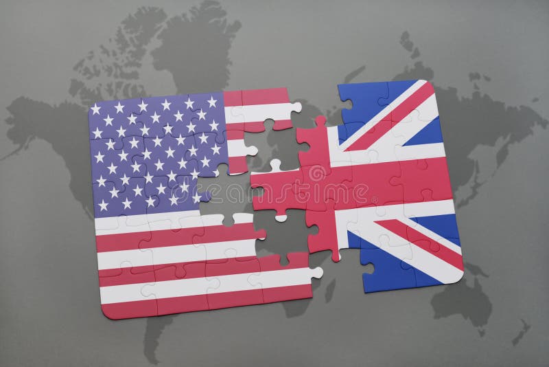 Puzzle with the national flag of united states of america and great britain on a world map background.concept. Puzzle with the national flag of united states of america and great britain on a world map background.concept