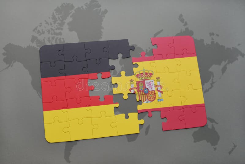 puzzle with the national flag of germany and spain on a world map background. 3D illustration. puzzle with the national flag of germany and spain on a world map background. 3D illustration