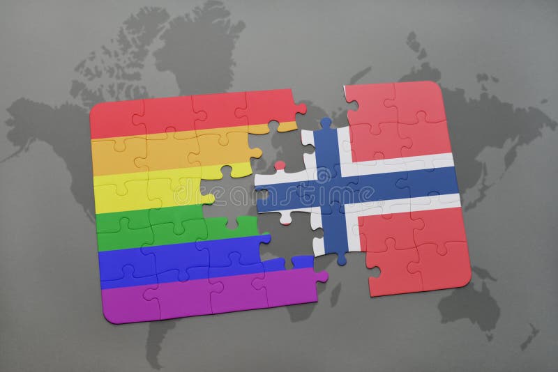 puzzle with the national flag of norway and gay rainbow flag on a world map background. 3D illustration. puzzle with the national flag of norway and gay rainbow flag on a world map background. 3D illustration