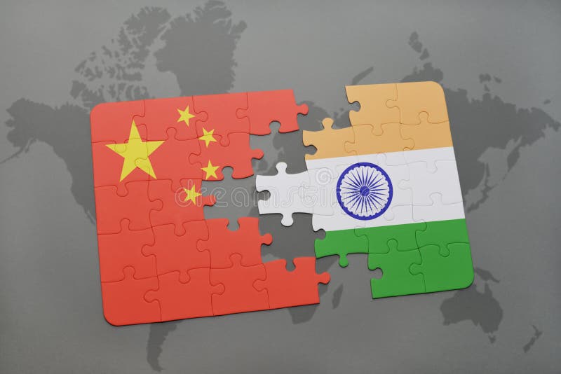 puzzle with the national flag of china and india on a world map background. 3D illustration. puzzle with the national flag of china and india on a world map background. 3D illustration
