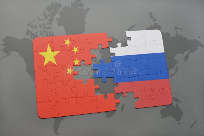 puzzle with the national flag of china and russia on a world map background. 3D illustration. puzzle with the national flag of china and russia on a world map background. 3D illustration