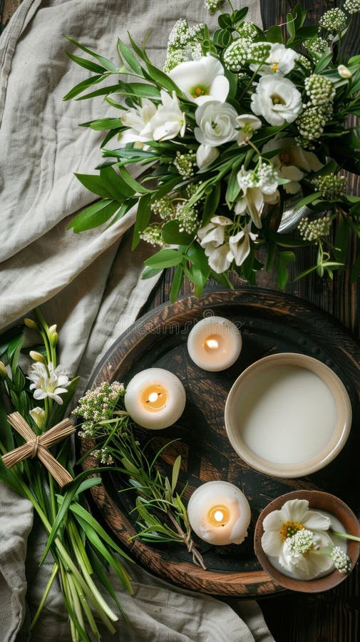Imbolc. Ambiente spa sereno con candele, fiori freschi e bagno di latte in arredamento rustico royalty illustrazione gratis