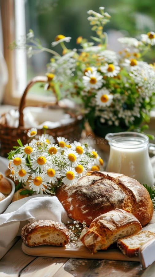 Imbolc. Pane di ruggine e latte fresco con margherite in ambiente rurale illustrazione di stock