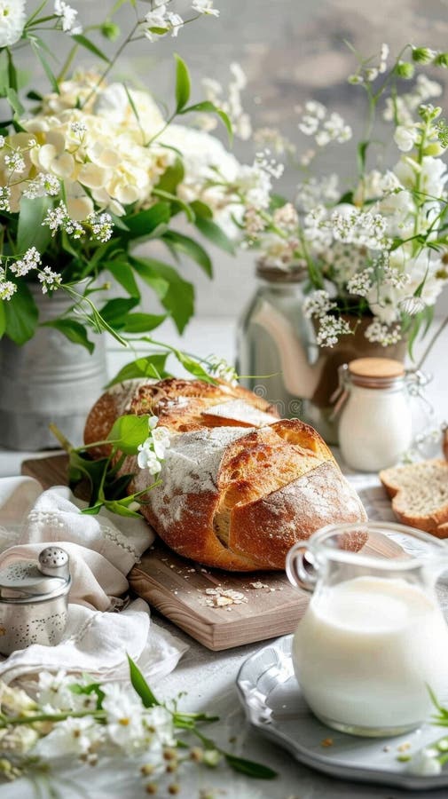 Imbolc. Scena di colazione rustica con pane fresco, latte e fiori su un tavolo di legno illustrazione vettoriale