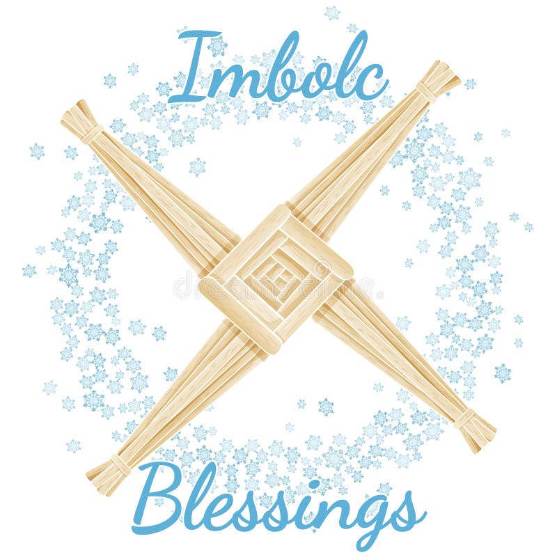 Imbolc välsignelsebörjan av hednisk ferietext för vår i en krans av snöflingor med Brigid Cross Vektorvykort stock illustrationer Imbolc välsignelsebörjan av hednisk ferietext för vår i en krans av snöflingor med Brigid Cross Vektorvykort stock illustrationer