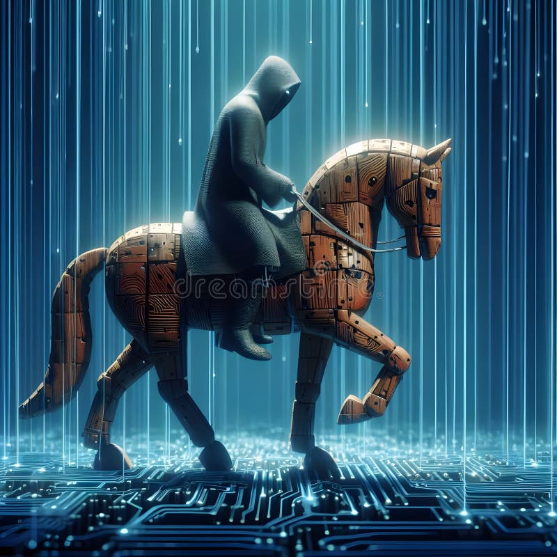 Imbroglione a cavallo di trojan nello spazio tecnologico digitale a matrice illustrazione vettoriale