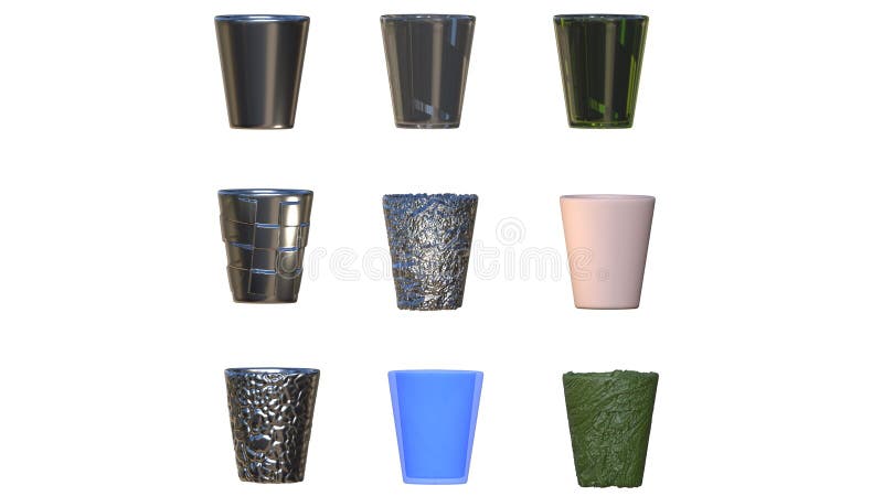 Group glass of water, set of kinds of shapes, A collection of a variety of transparent translucent glassware stock photos