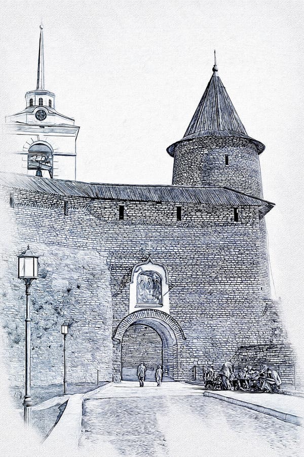 Imitation av en bild Grafik Den antika Kremlin Krom i staden Pskov royaltyfri foto Imitation av en bild Grafik Den antika Kremlin Krom i staden Pskov royaltyfri foto