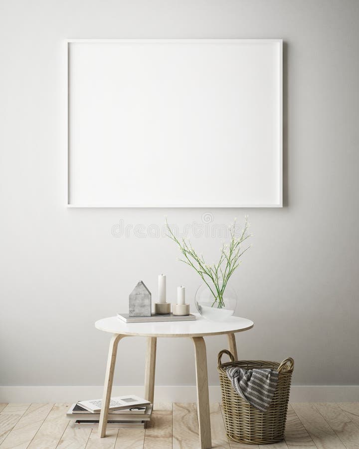 Imite encima de marco del cartel en el fondo interior del inconformista, estilo escandinavo, 3D rinden stock de ilustración Imite encima de marco del cartel en el fondo interior del inconformista, estilo escandinavo, 3D rinden stock de ilustración