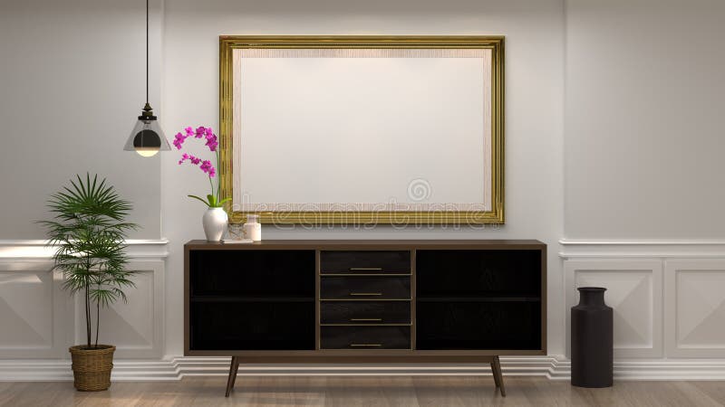 Imite encima de marco vacío de la foto con el gabinete de madera con la lámpara delante del estilo mínimo de los artículos decora foto de archivo libre de regalías Imite encima de marco vacío de la foto con el gabinete de madera con la lámpara delante del estilo mínimo de los artículos decora foto de archivo libre de regalías