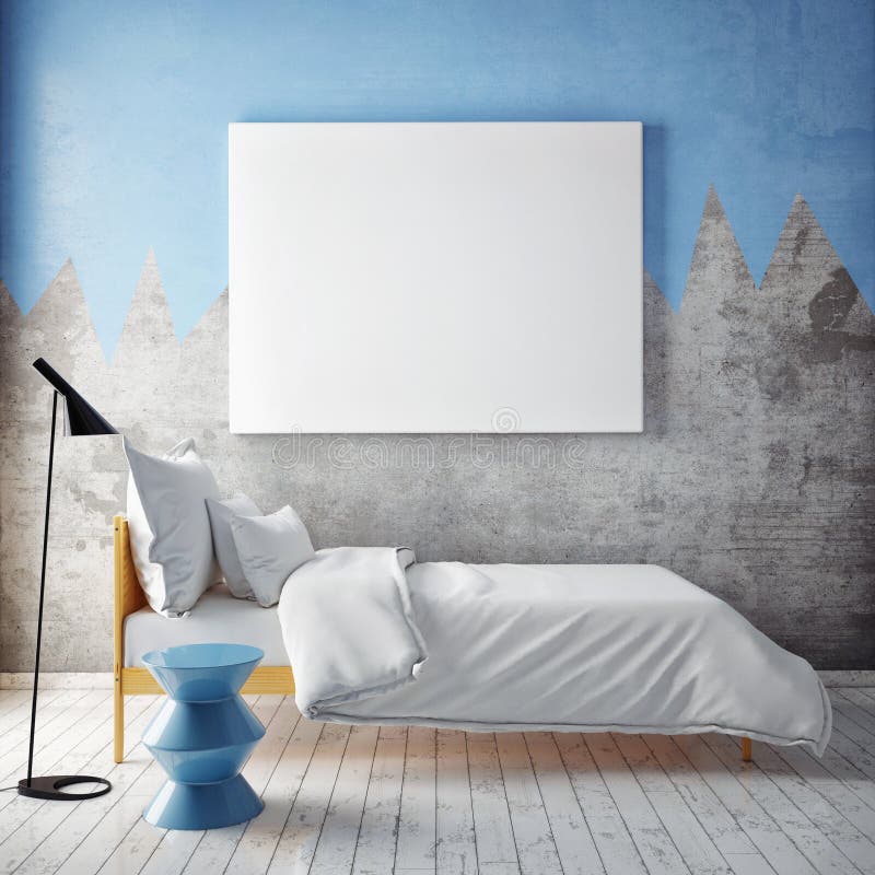 Imite encima del cartel en blanco en la pared del dormitorio, stock de ilustración Imite encima del cartel en blanco en la pared del dormitorio, stock de ilustración