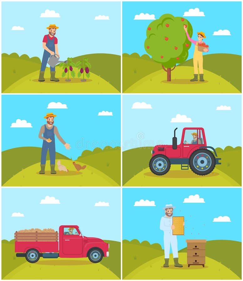 Imker en Tractor op Gebieds Vectorillustratie royalty-vrije illustratie