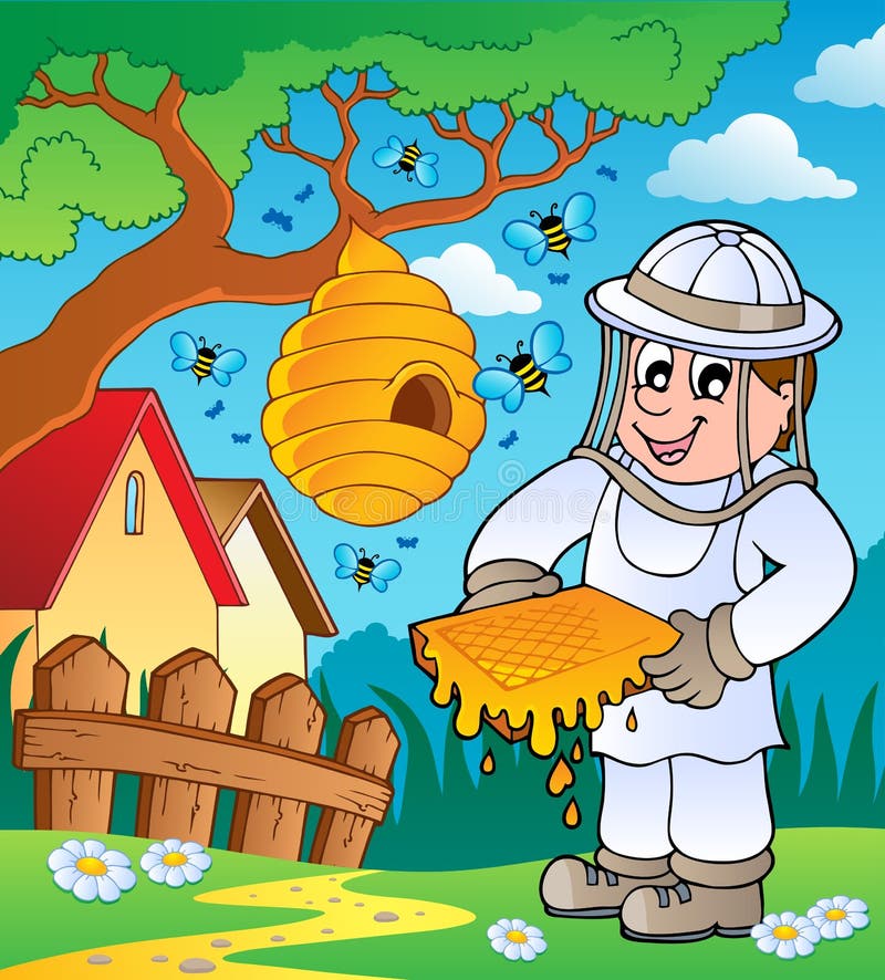 Imker mit Bienenstock und Bienen vektor abbildung Imker mit Bienenstock und Bienen vektor abbildung