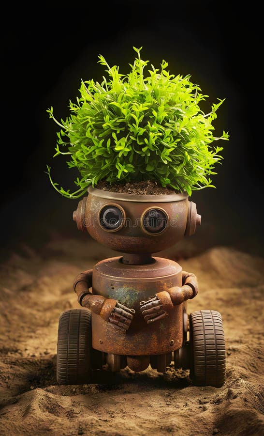 Immagine accattivante di un piccolo e affascinante robot arrugginito con testa sferica che ospita una pianta vibrante. Un piccolo robot arrugginito è innegabile riproposto come piantatore. germogli di vegetazione sporca dalla sua testa sferica una testimonianza delle natura resistenti all'aria.
