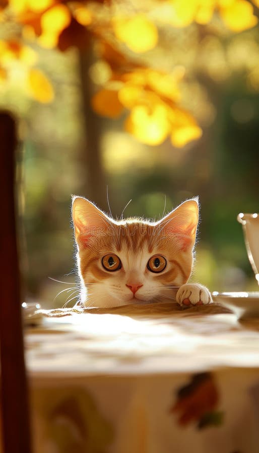 Immagine affascinante di un gatto curioso con orecchie piegate che sbirciano su un tavolo in un ambiente accogliente royalty illustrazione gratis